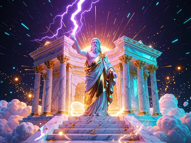 Grafika slotu Gates of Olympus 1000: bóstwo z piorunem przed marmurową świątynią na fioletowym niebie