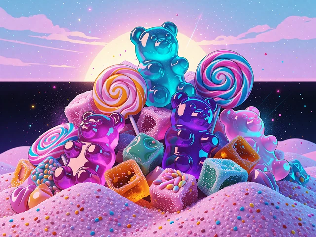 Grafika slotu Sugar Rush 1000: stos żelków, lizaków i cukrowych kostek na różowych wzgórzach o świcie