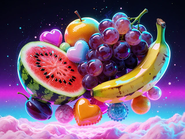 Grafika slotu Sweet Bonanza 1000: arbuz, winogrona i cukierki unoszące się nad chmurami z waty cukrowej
